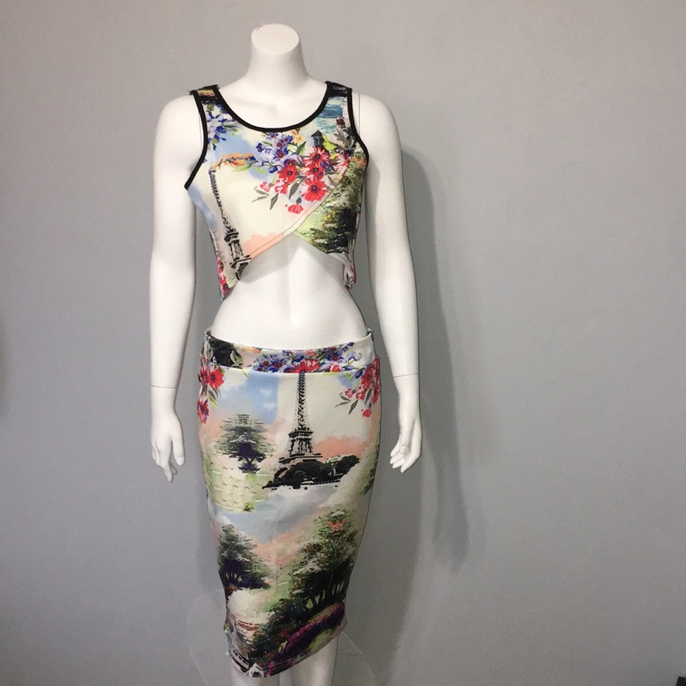 NWT 2 Pc Crop Top Tropical Skirt Set